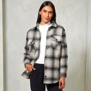Thread & Supply Shacket Women's Medium Shirt Jacket Charcoal Tan & Cream Plaid